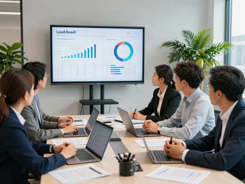 Lead Roedl team collaborating on business strategy in a modern conference room with dynamic visuals.