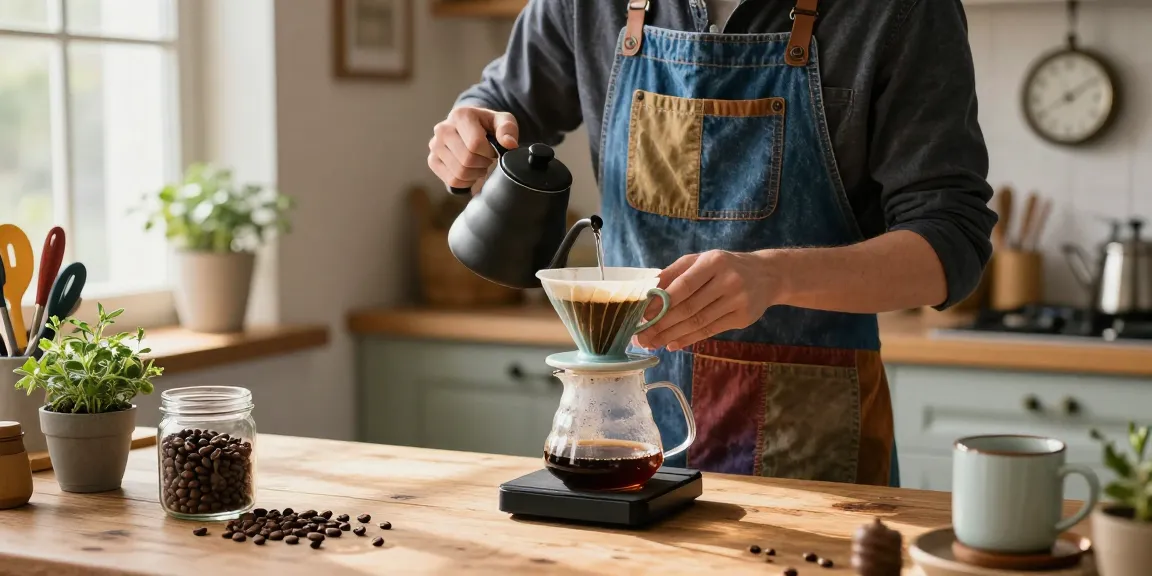 Pour-over coffee brewing with EbbFilter aprons at www.ebbfilter.com showcasing artisanal kitchen elements.