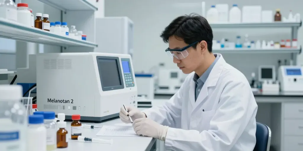 Researcher in lab studying Melanotan 2 for sale, surrounded by lab equipment and compounds.