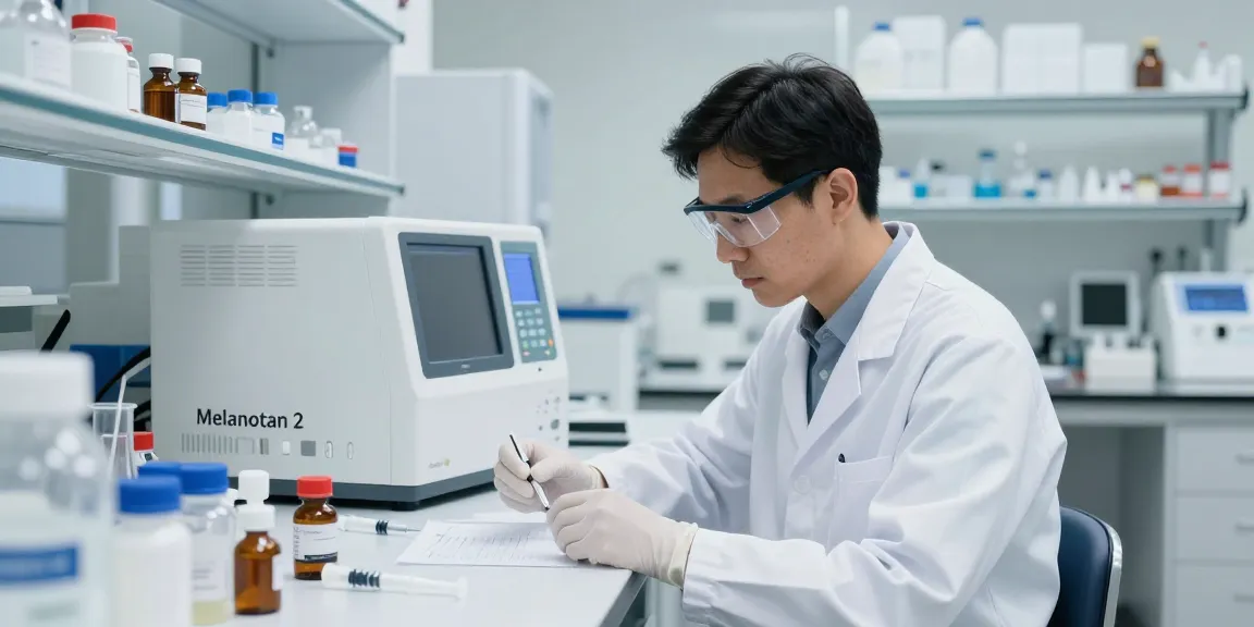 Researcher in lab studying Melanotan 2 for sale, surrounded by lab equipment and compounds.