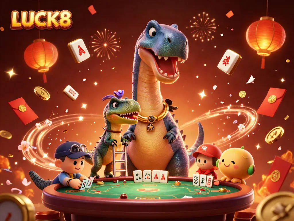 Experience excitement with LUCK8 in this vibrant casino scene featuring animated characters and festive decorations.