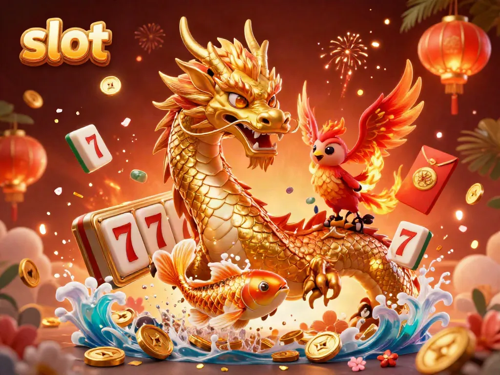 Engage with thrilling slot action in this vibrant 3D illustration of a dragon, phoenix, and koi fish.