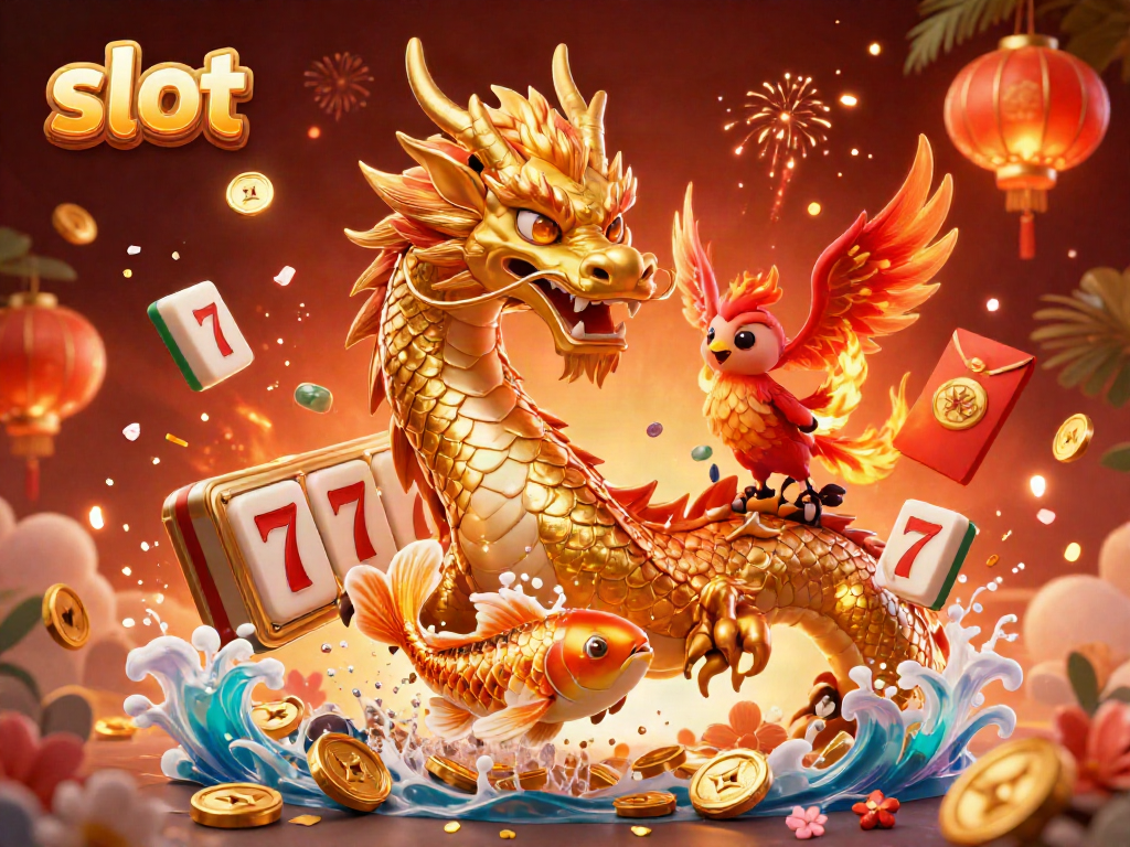 Engage with thrilling slot action in this vibrant 3D illustration of a dragon, phoenix, and koi fish.