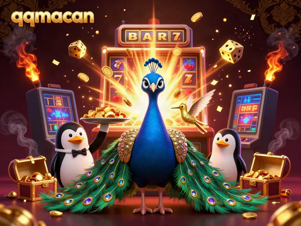 Experience the vibrant and energetic qqmacan casino world with a 3D peacock, penguin, and hummingbird amidst dynamic game elements.