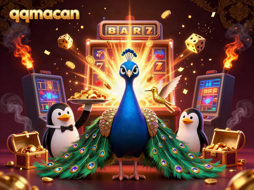 Experience the vibrant and energetic qqmacan casino world with a 3D peacock, penguin, and hummingbird amidst dynamic game elements.