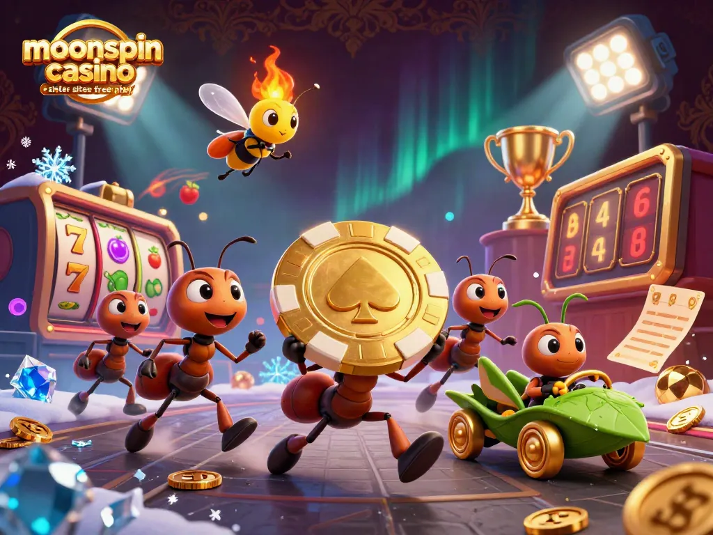Engage in moonspin casino sister sites free play with dynamic 3D illustration of ants carrying a giant poker chip.