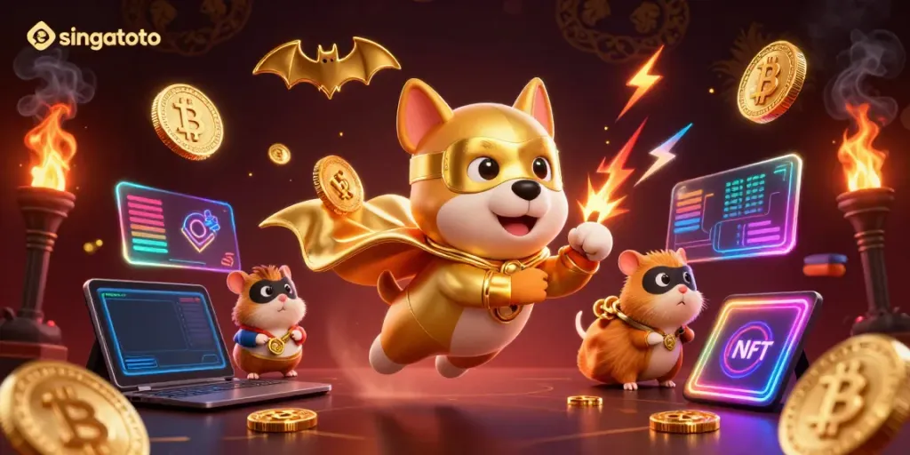 Experience excitement with singatoto, featuring a heroic dog flying with gold coins in a colorful casino scene.