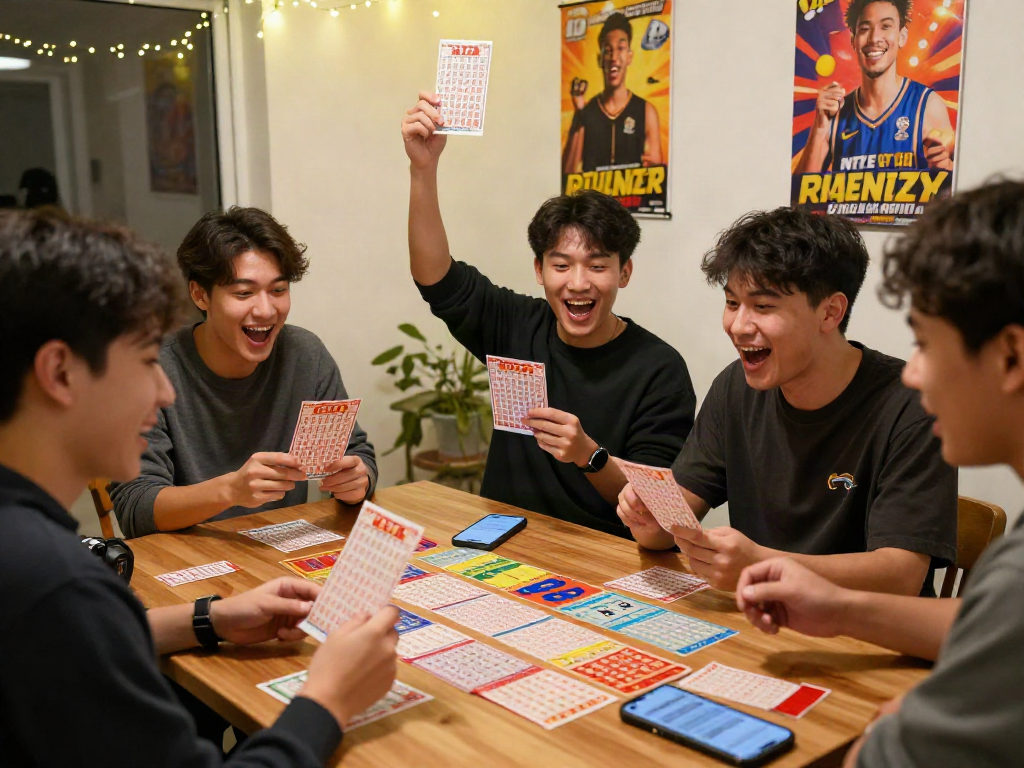 Participants celebrating winning numbers in a vibrant toto 4d lottery game setting with colorful tickets and joyful expressions.