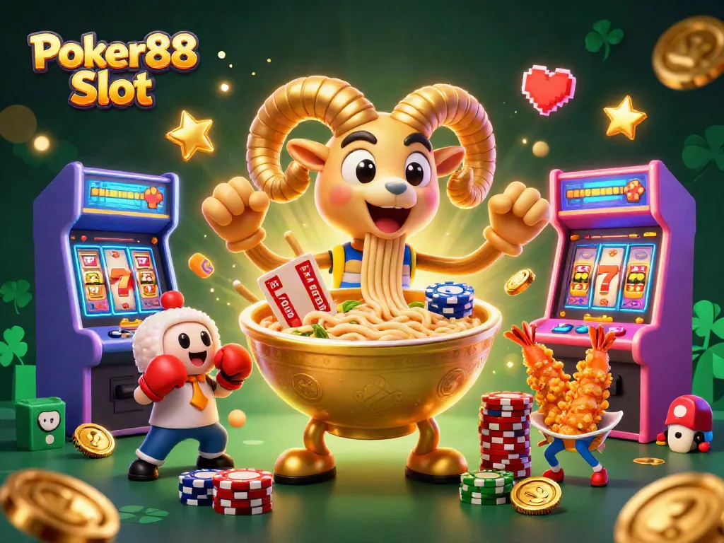 Engage with Poker88 Slot featuring a lively scene of characters and gambling elements combining casino fun.