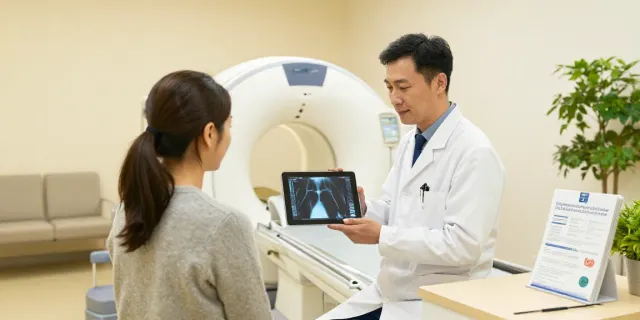 Röntgenreizbestrahlung in der Nähe – Arzt erklärt Behandlungsmethoden in moderner Klinik.