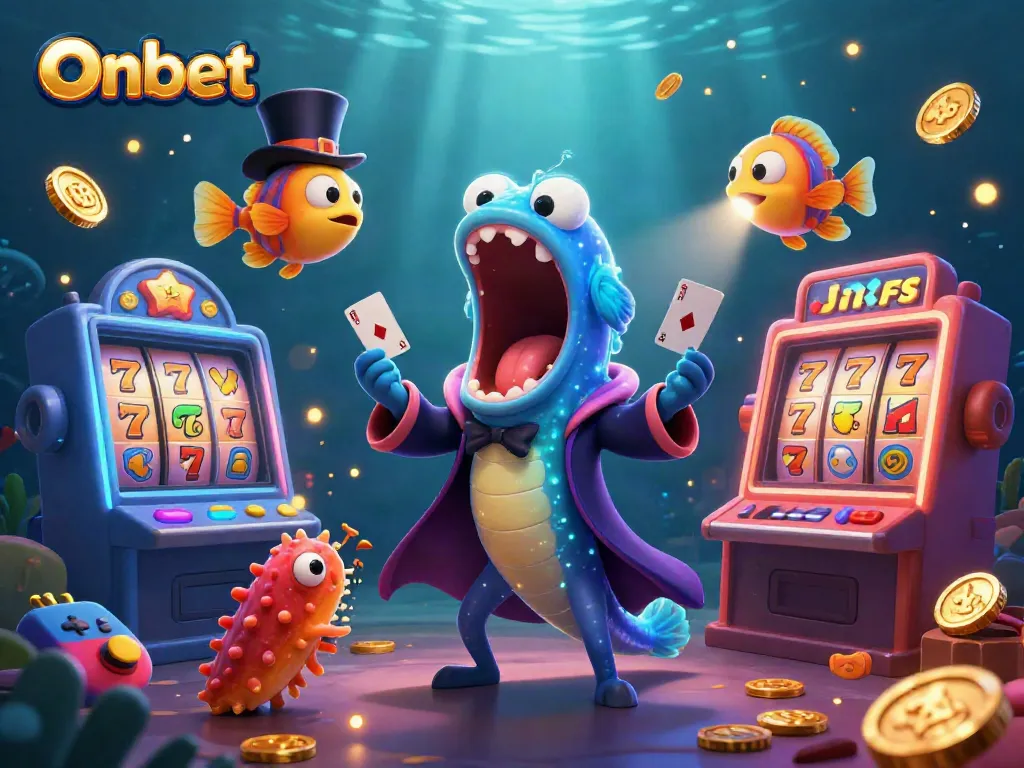 Experience thrilling wins with Onbet in this lively 3D casino scene featuring card tricks and vibrant slot machines.