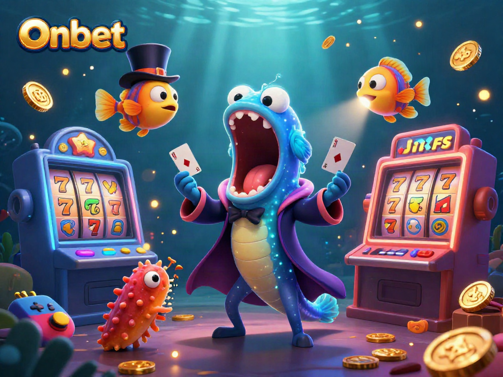 Experience thrilling wins with Onbet in this lively 3D casino scene featuring card tricks and vibrant slot machines.