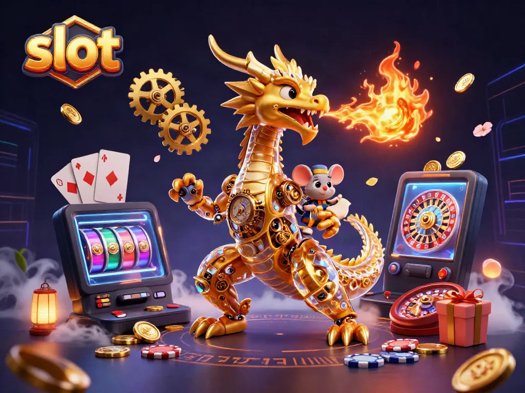 Experience the thrill of slot games with a vibrant scene featuring a golden dragon and cute engineer.