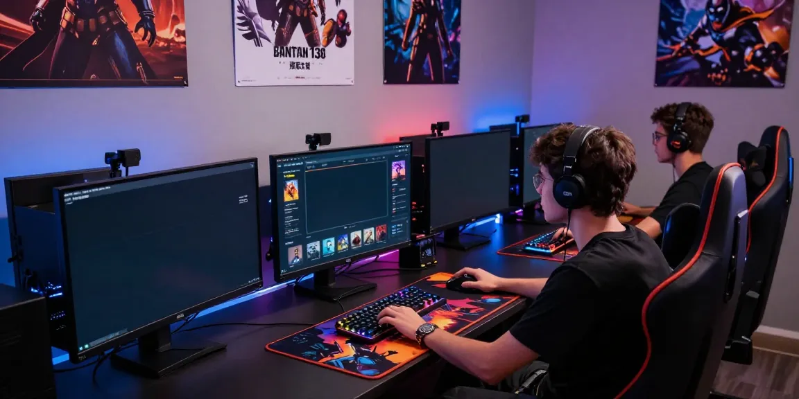 Engaged player using Batman138 gaming platform in a vibrant gaming room.