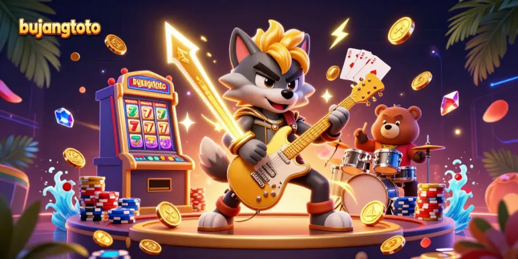 Experience the excitement of bujangtoto with a vibrant casino scene showcasing dynamic characters and slot machine action.
