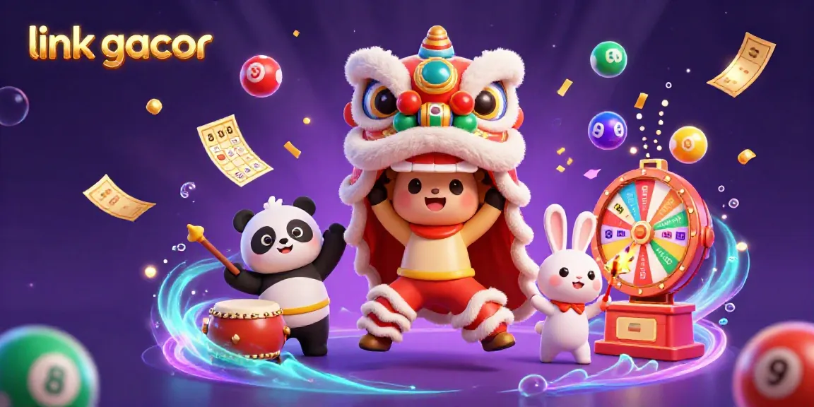Join the excitement with link gacor as a drumming panda and dancing lion share lottery thrills in a vibrant casino scene.