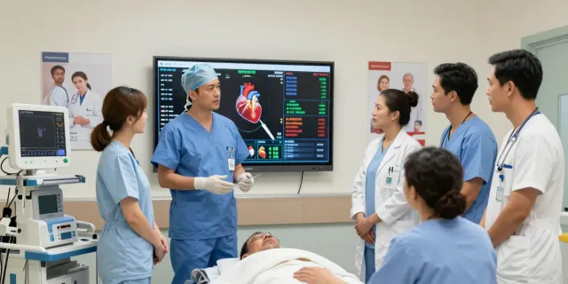 Heart transplantation program team discussing patient care options in a modern medical facility.