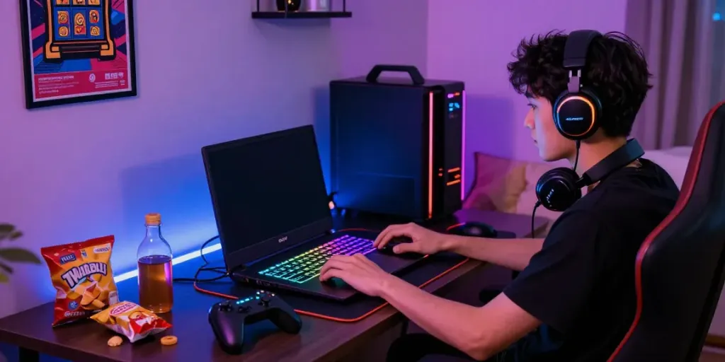 Player enjoying slot Thailand games in a cozy gaming setup at home with vibrant lighting and snacks