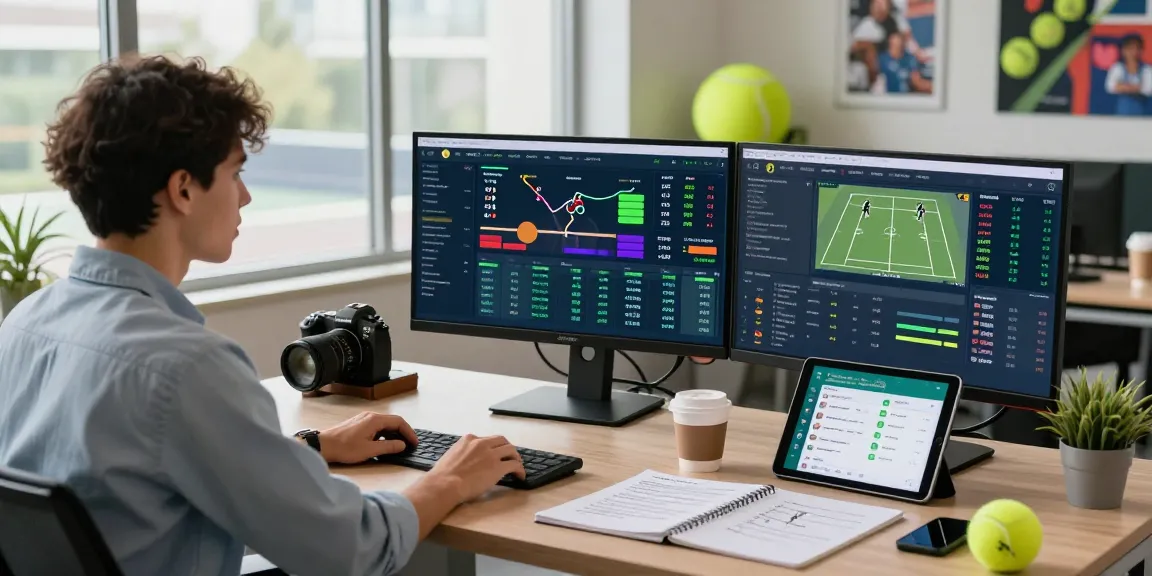 Data scientist analyzing tennis odds API data on multiple screens in a bright sports analytics office.