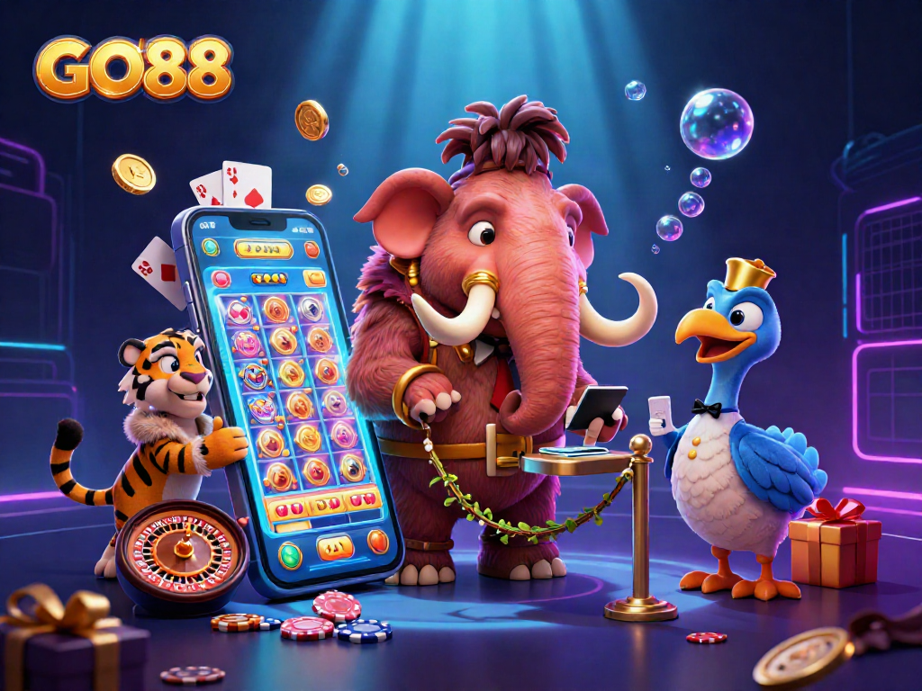 Experience the excitement of GO88 with vibrant slot machines represented by colorful reels and golden coins erupting into the scene.