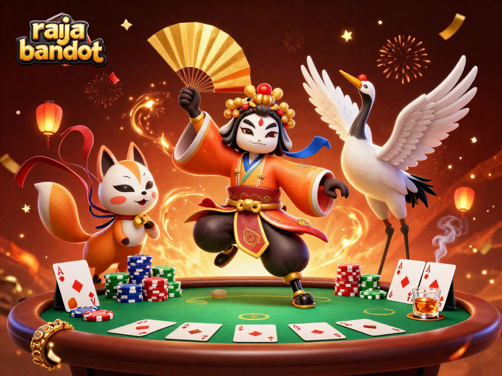 Raja Bandot merayakan kemenangan di meja poker dengan karakter dan elemen kasino yang berwarna-warni.
