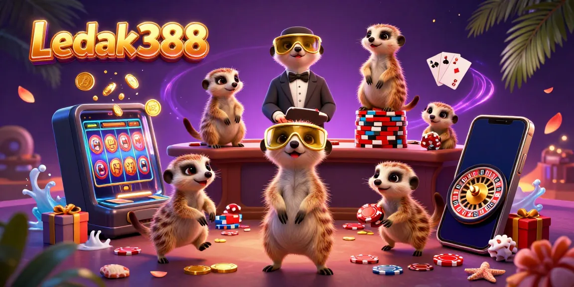 Experience Ledak388 with a lively meerkat casino scene showcasing cards and coins.