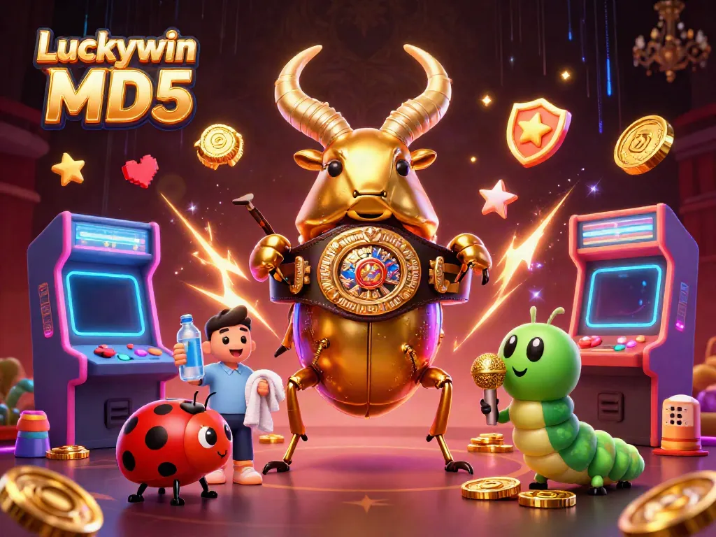 Engage with Luckywin tài xỉu MD5 in an energetic and vibrant casino scene featuring colorful 3D games, lively characters, and an electrifying atmosphere.