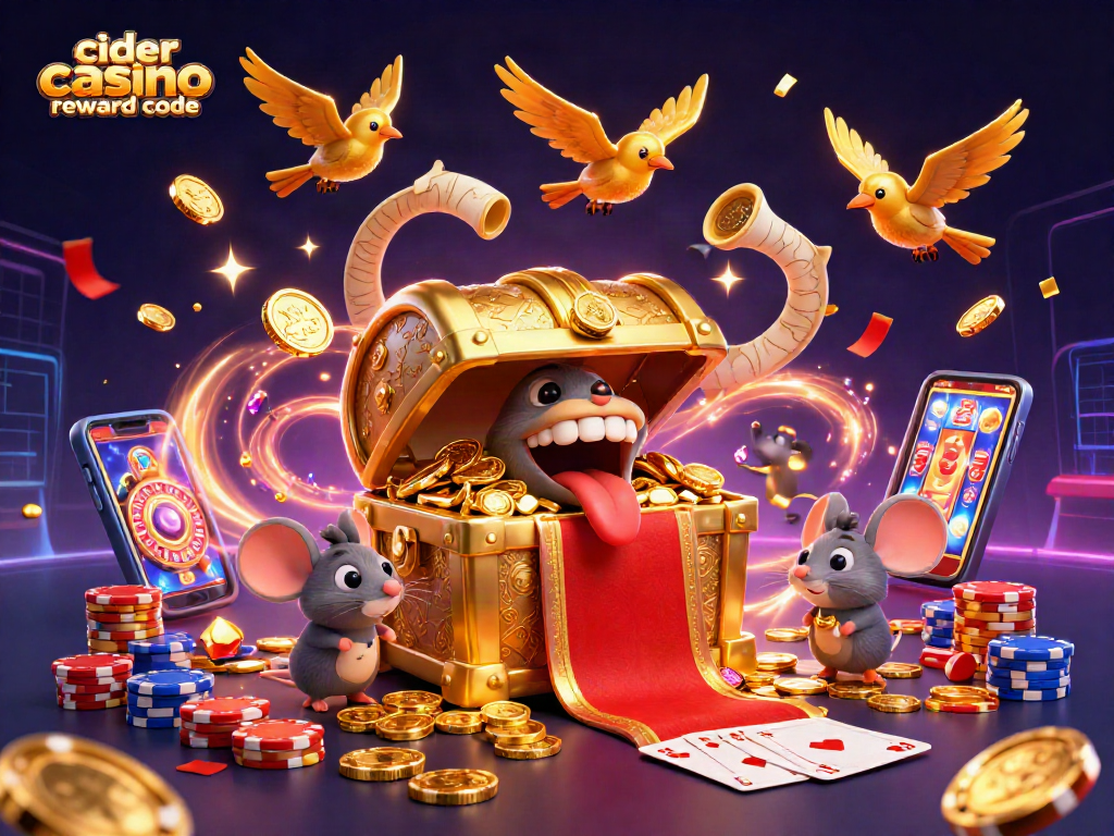 Cider casino reward code offers players free coins in a vibrant casino theme illustration.