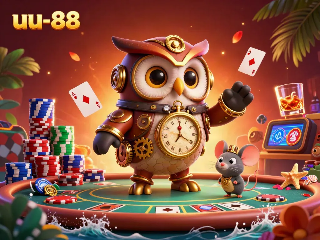 Experience the excitement of uu-88 with a vibrant casino scene featuring a time-traveler owl and dynamic gaming elements.