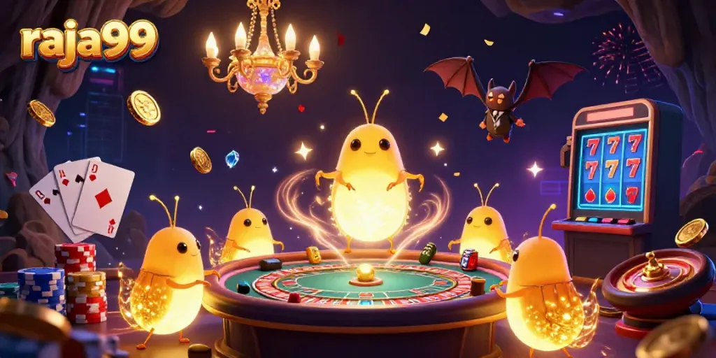 Experience excitement at raja99 casino with vibrant glowworms lighting a game-filled cave, adorned with coins and cards.