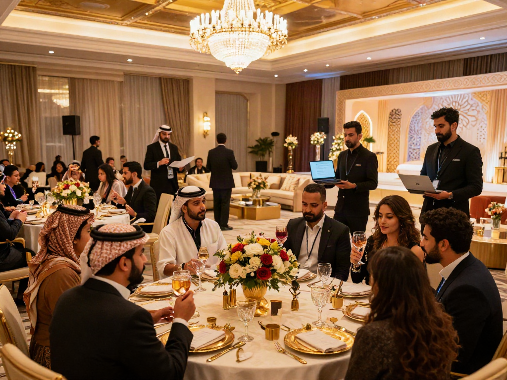 Event rental KSA showcasing a luxurious ballroom with elegant décor and guests enjoying a lavish event.