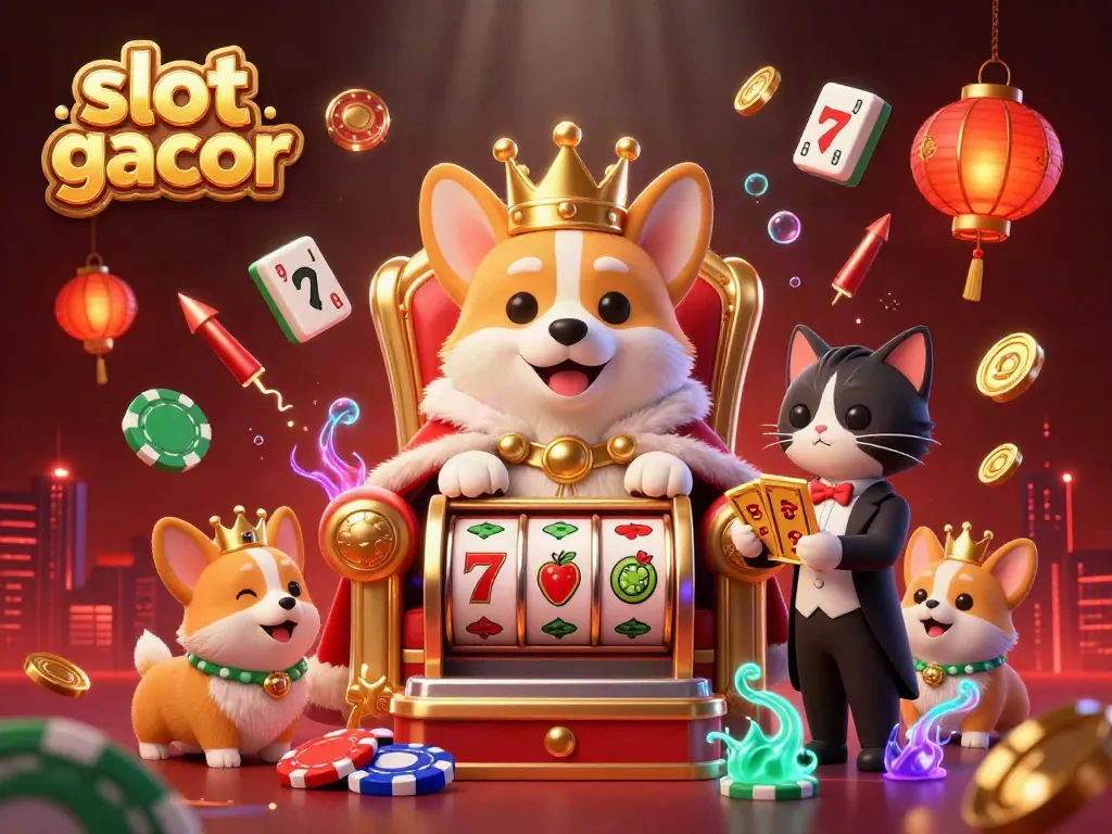 Experience the fun of slot gacor with a royal corgi on a poker chip throne and lively casino elements.