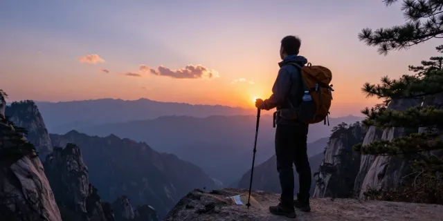 Hiker enjoying sunset views on the Manaslu Circuit trek with distant mountain peaks.