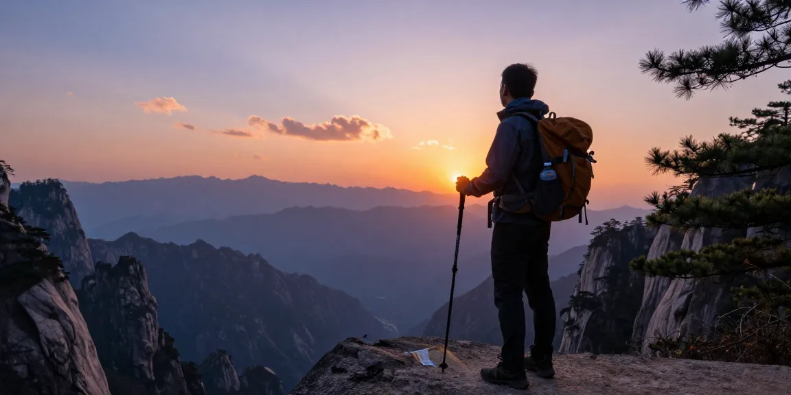 Hiker enjoying sunset views on the Manaslu Circuit trek with distant mountain peaks.