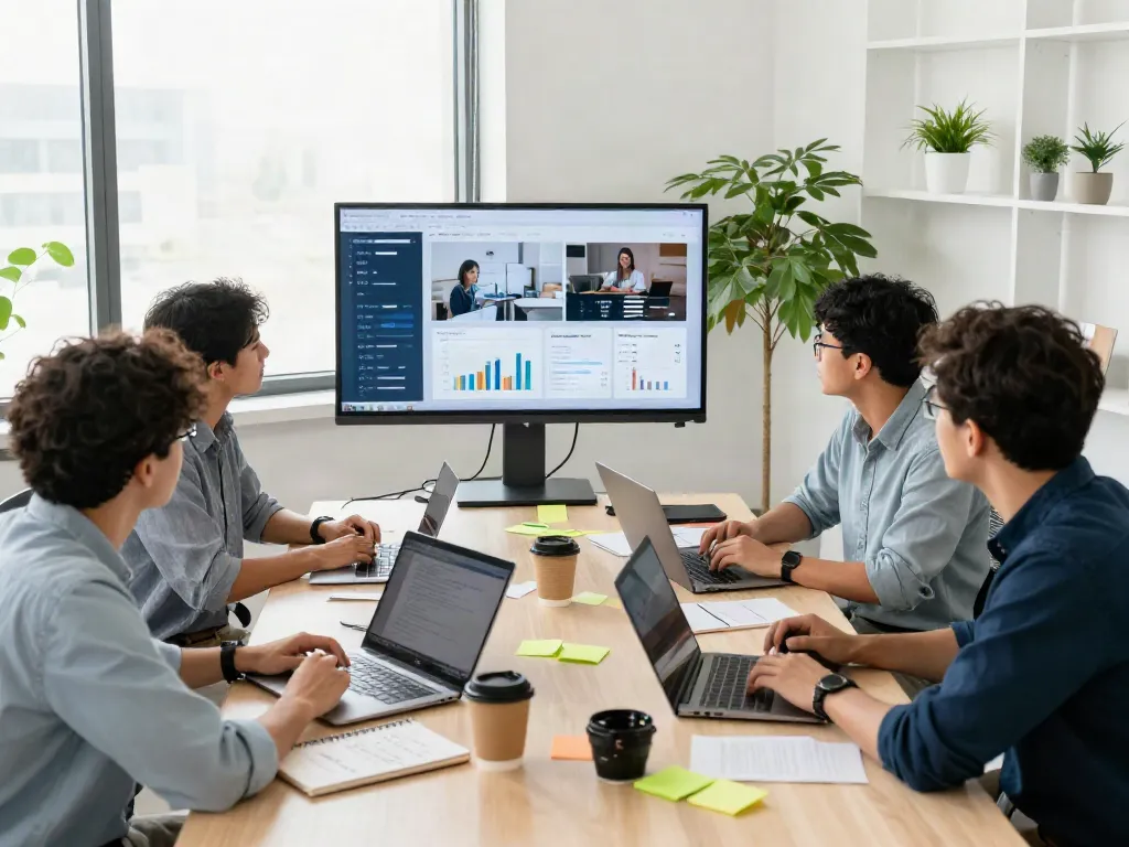 Team strategizing online marketing tactics with click over here now displayed on digital screen.