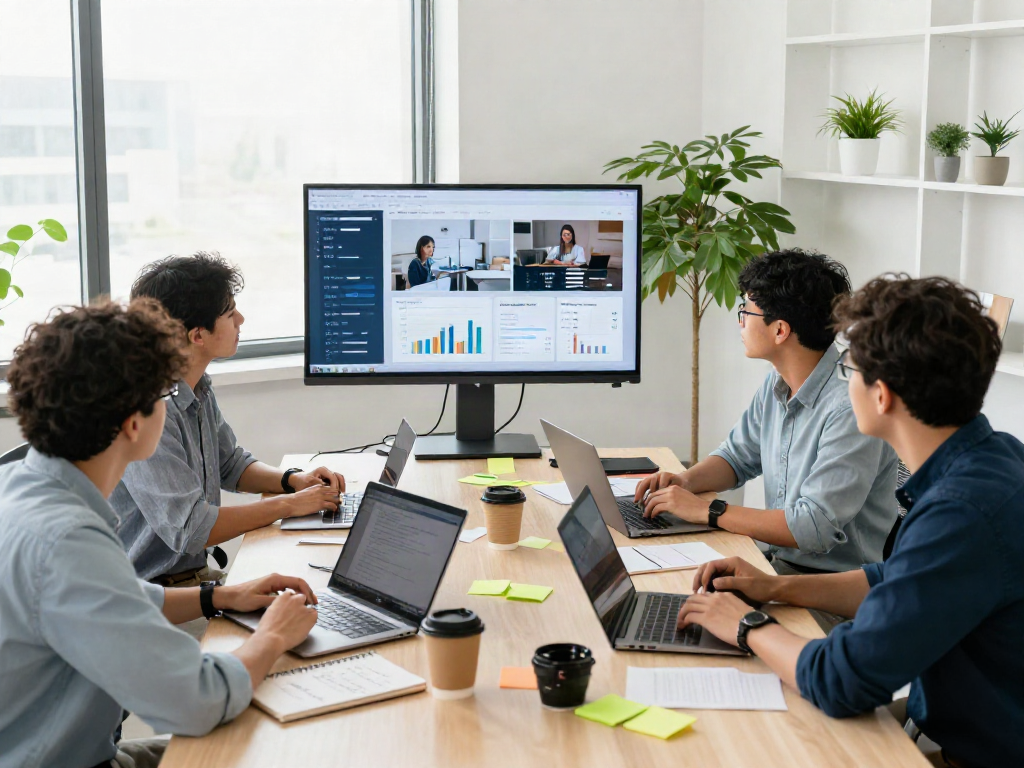 Team strategizing online marketing tactics with click over here now displayed on digital screen.