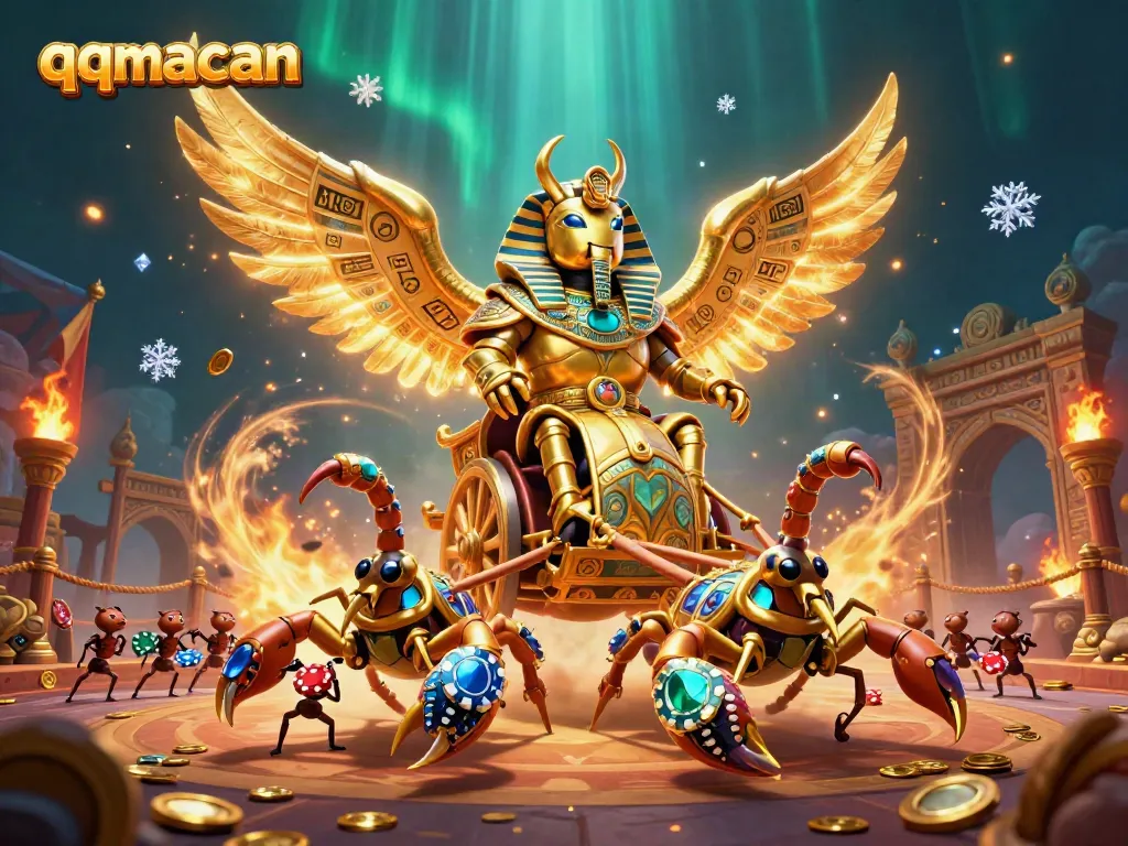 Experience the excitement of qqmacan with a vibrant gambling scene featuring a golden scarab chariot.