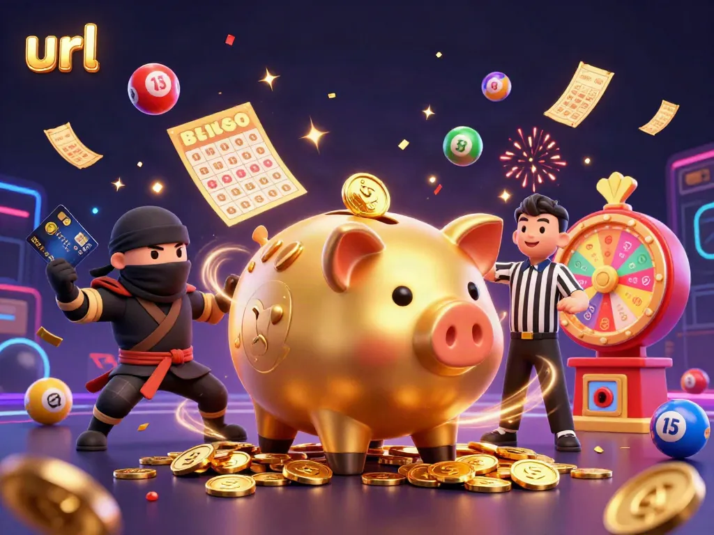 Celebrate big wins with the url gaming scene featuring a sumo piggy bank and colorful lottery elements.
