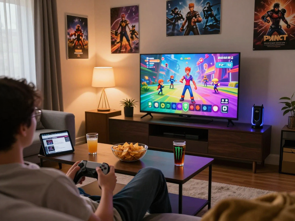 Engaging living room scene featuring a person playing vibrant porn games on a large TV, showcasing a relaxed gaming atmosphere.