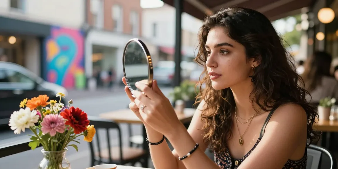 Young woman using an attractiveness test in a café, examining her reflection.