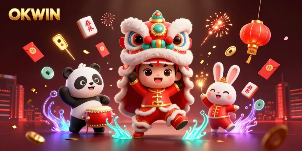 Experience excitement with OKWIN in a festive 3D scene featuring a vibrant lion dance, drumming panda, and lively decorations.