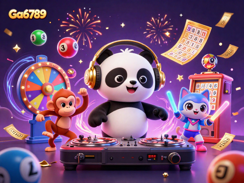 Ga6789 brings excitement to the casino world with a vibrant scene of gaming action and playful characters.