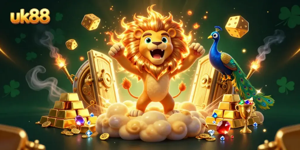 uk88 offers thrilling gaming opportunities with dynamic visual elements of iconic characters and casino treasures.