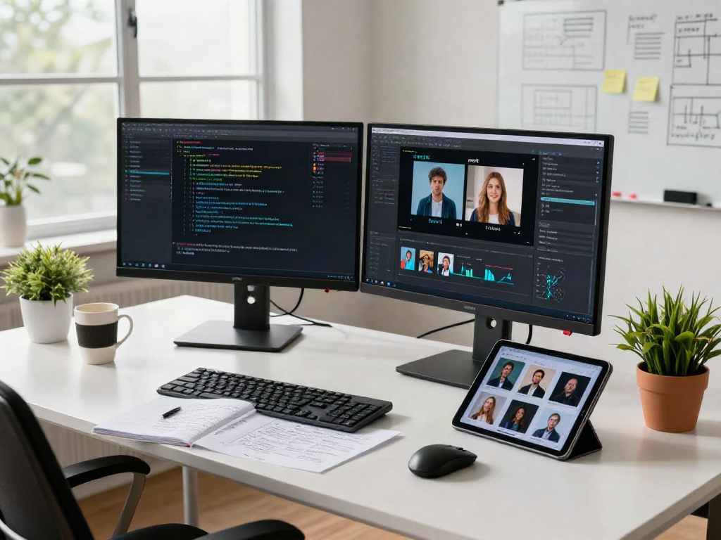 AI Image Detector in action at a modern workspace with dual monitors analyzing images and data.