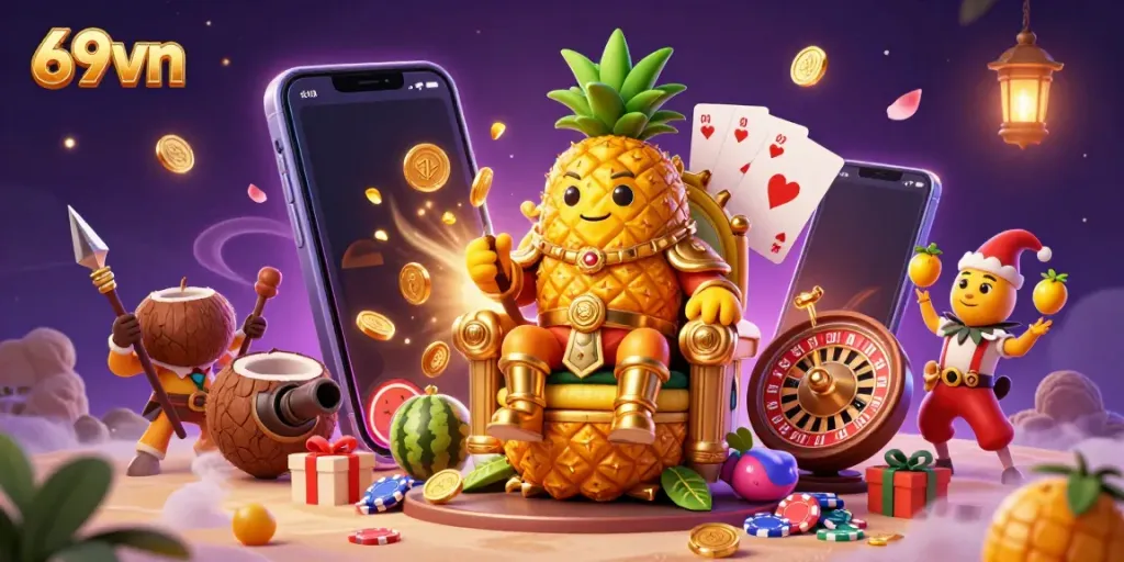 Engaging scene showcasing 69vn with vibrant casino elements and dynamic characters in a tropical setting.