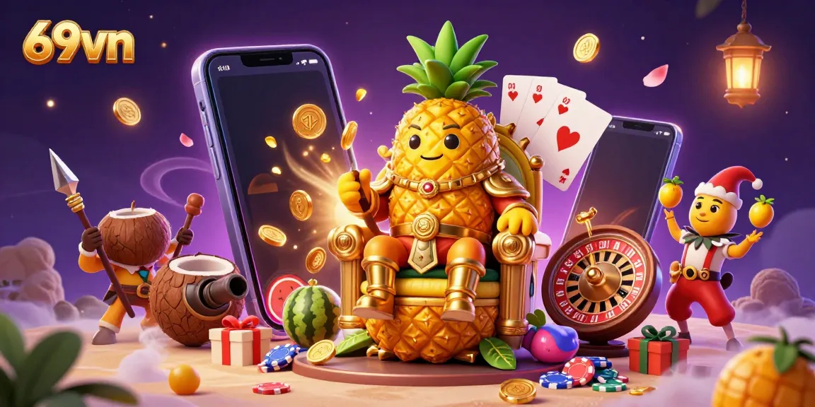 Engaging scene showcasing 69vn with vibrant casino elements and dynamic characters in a tropical setting.