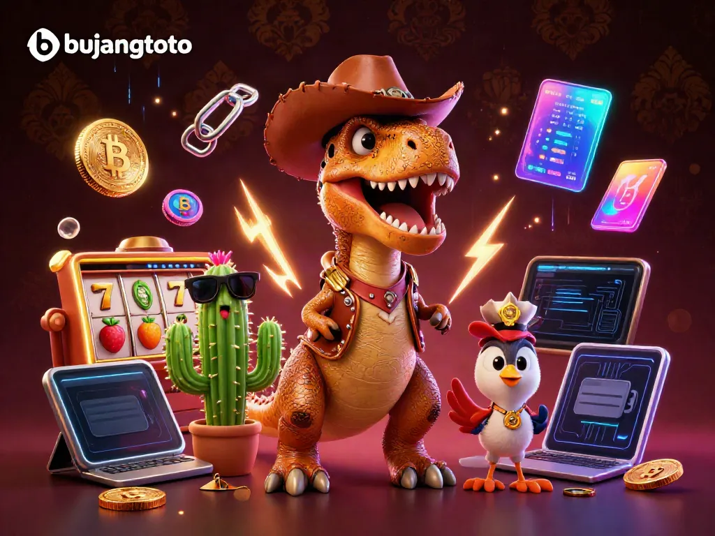 Engage with bujangtoto through vibrant scenes of a T-Rex dinosaur in a casino environment with slot machines and crypto coins.