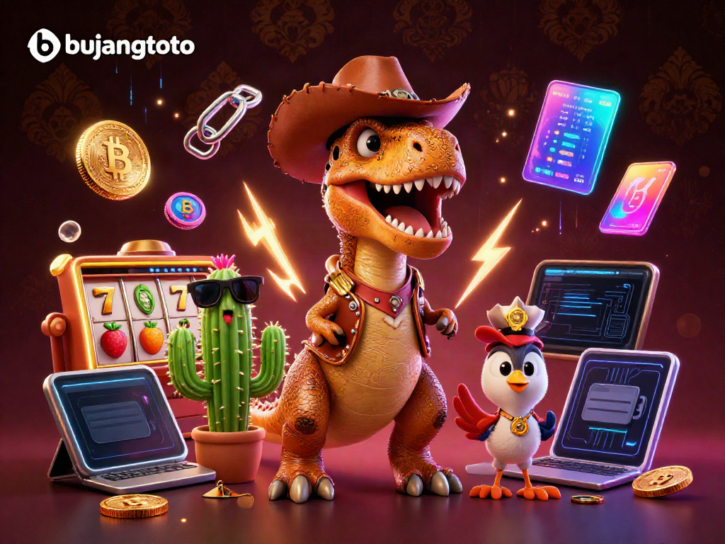 Engage with bujangtoto through vibrant scenes of a T-Rex dinosaur in a casino environment with slot machines and crypto coins.