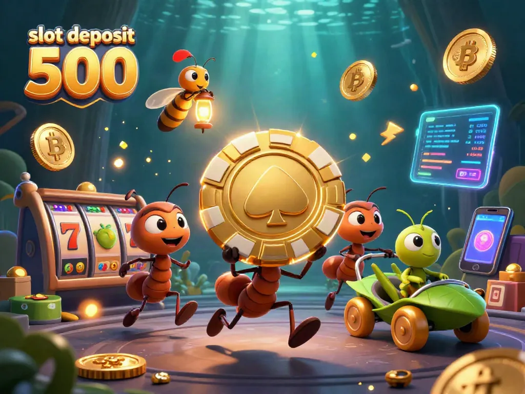 Experience the excitement of a slot deposit 500 adventure with ants carrying a giant poker chip and vibrant gaming elements.