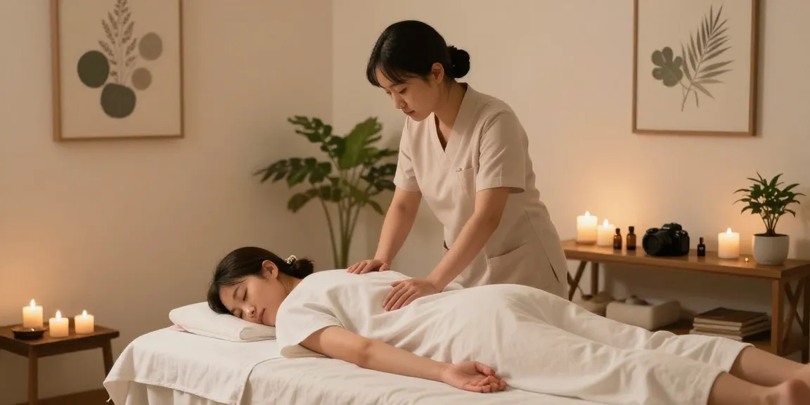 양천구출장마사지 treatment in a serene wellness studio with calming decor and essential oils.